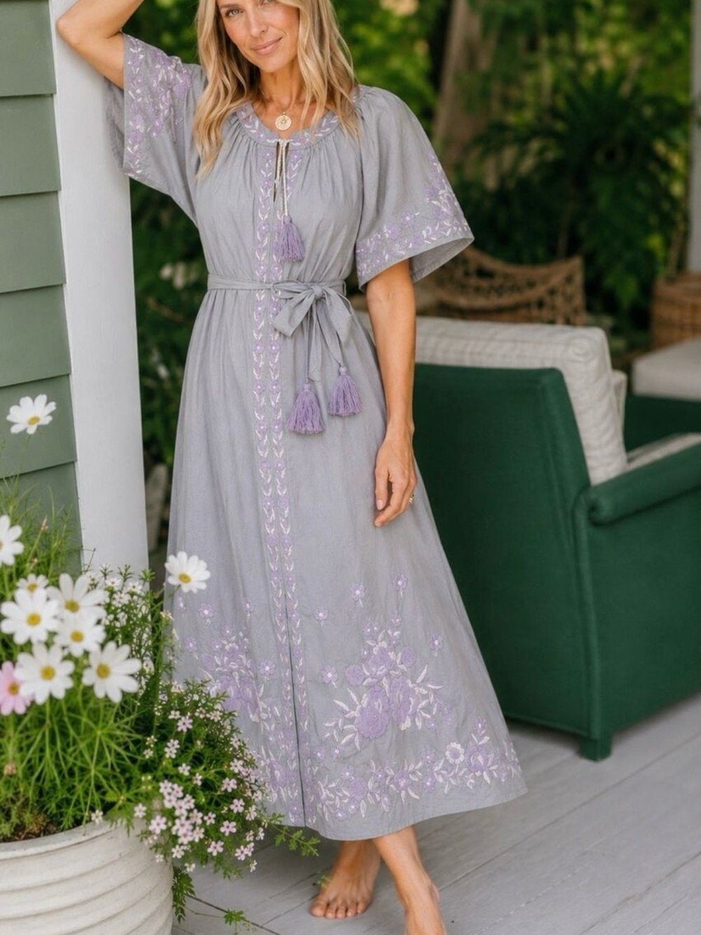 NWT Julia Amory Lavender-Gray Embroidered Maxi Dress with Tassel Waist Tie